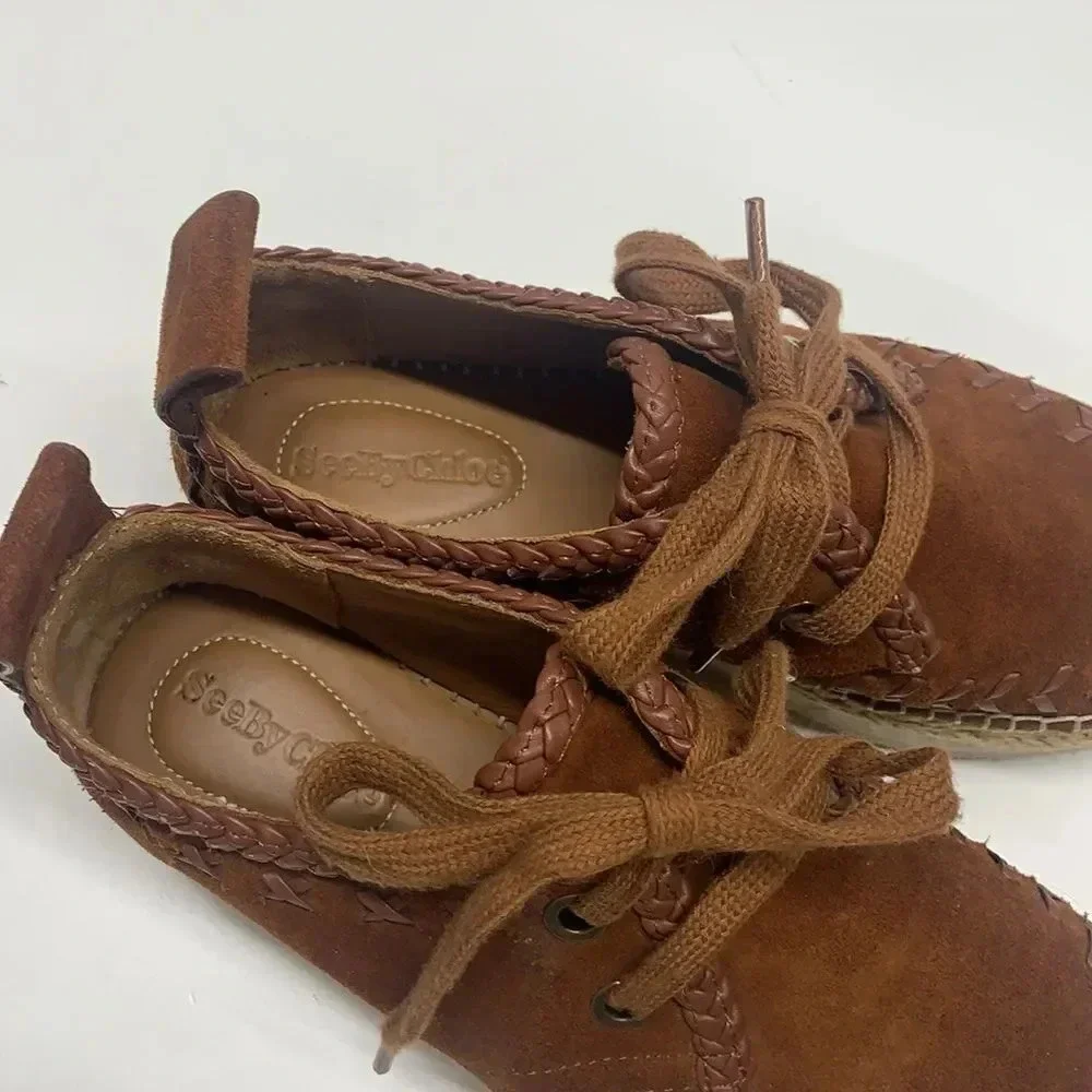 See by Chloe Espadrilles Sneakers Shoes Suede Whipstitch Trim Tan Brown Size 7